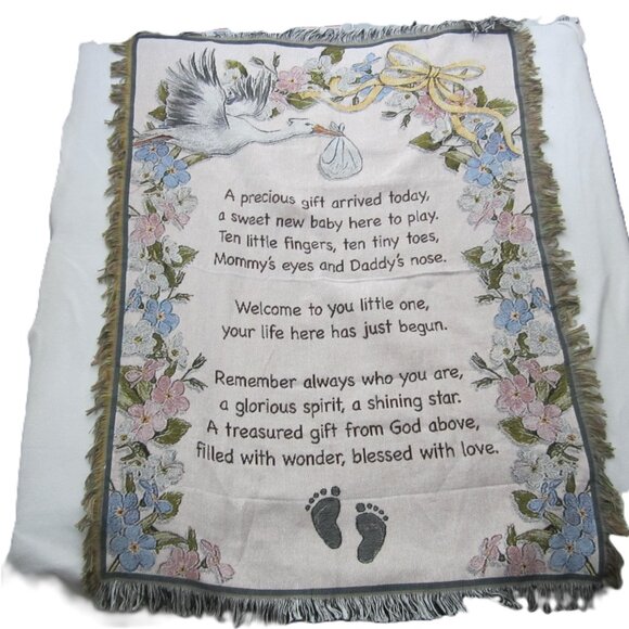 Newborn Baby Tapestry Throw Blanket Floral w Stork & Footprints Shower Keepsake - Picture 1 of 10